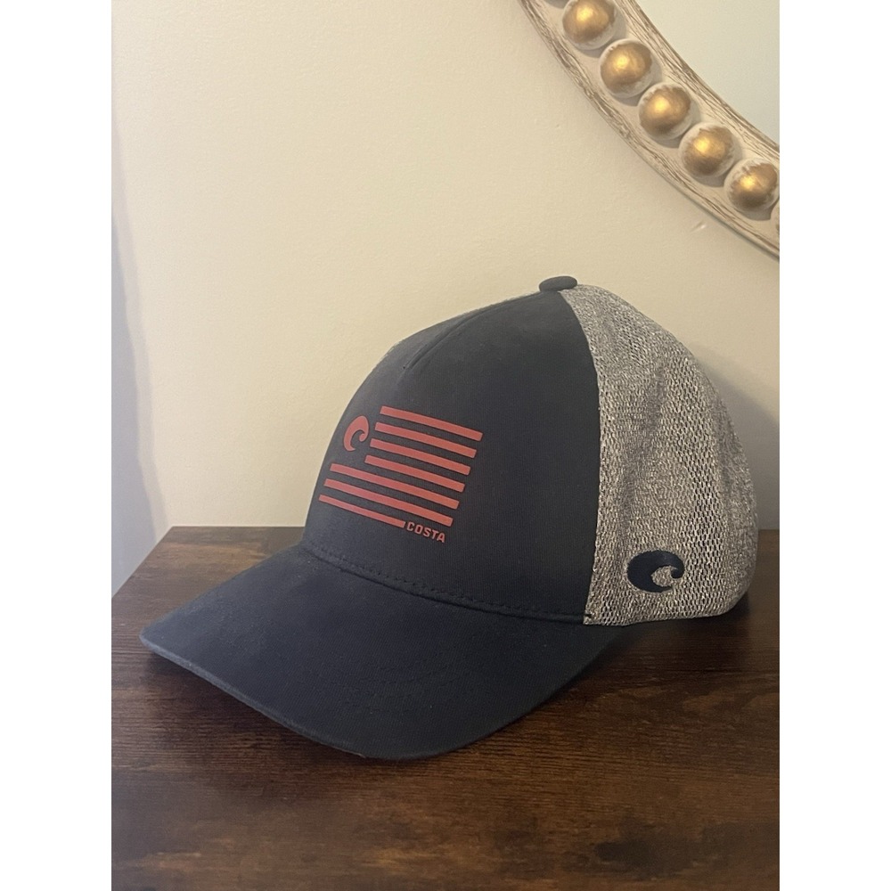 Costa Trucker Hat Snapback Mesh Gray Navy American Flag Logo NWOT